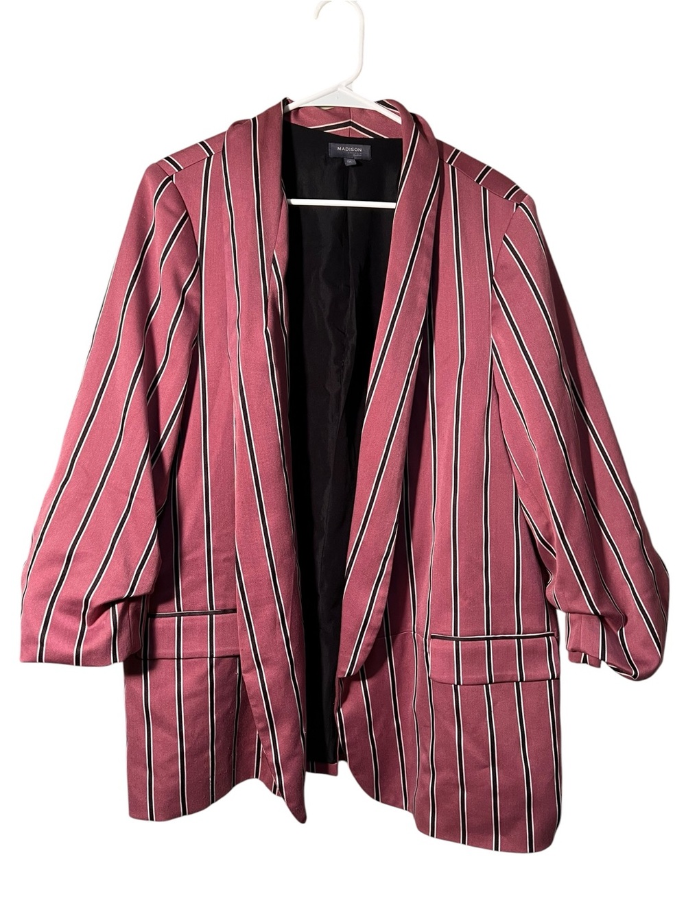 Madison Open Front Blazer Pink Vertical Stripes Ruched Sleeves 3X